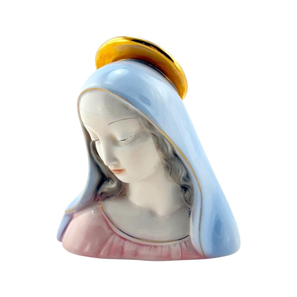 Virgin Mary Porcelain Bust Statue Delicate Hand Painted FeaturesMarked Italy